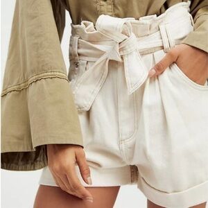 Free People Shorts Nova Paper Bag Denim High Rise Belted Casual Boho Cream Small